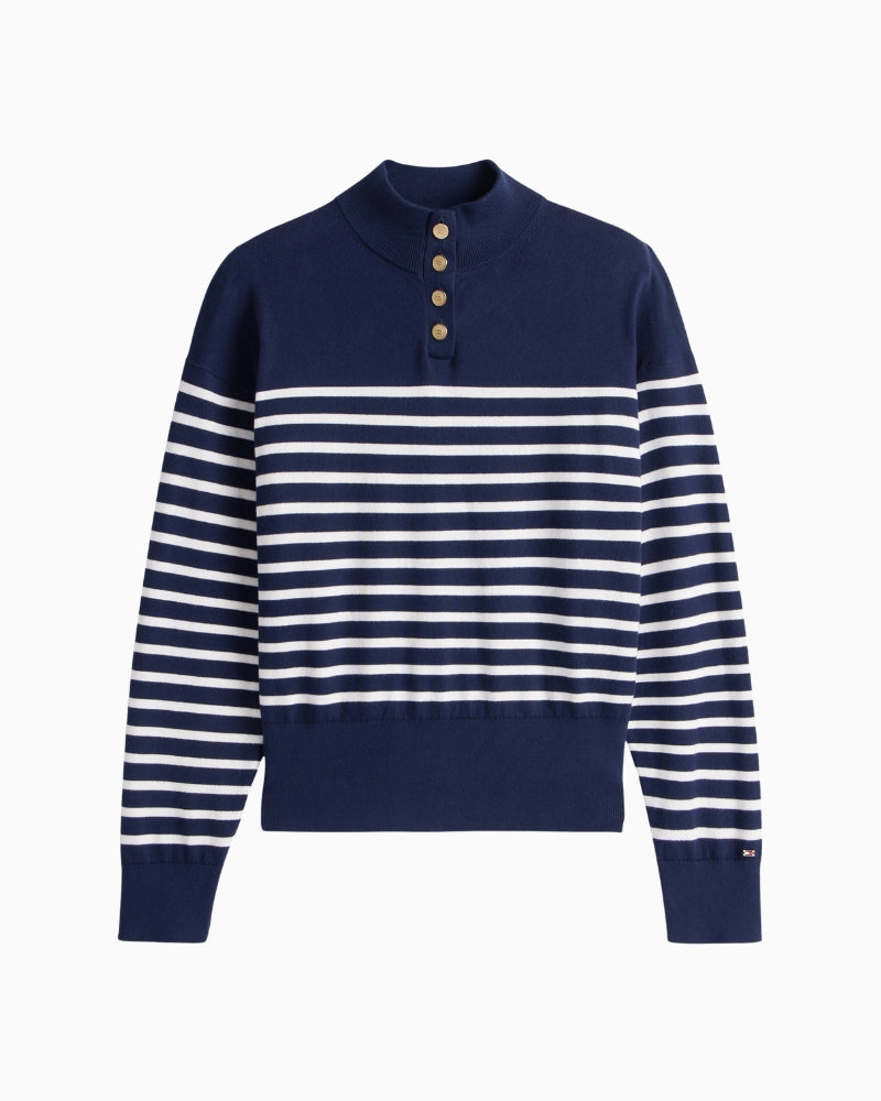 Close-up showing the fine cotton knit texture and navy stripe pattern