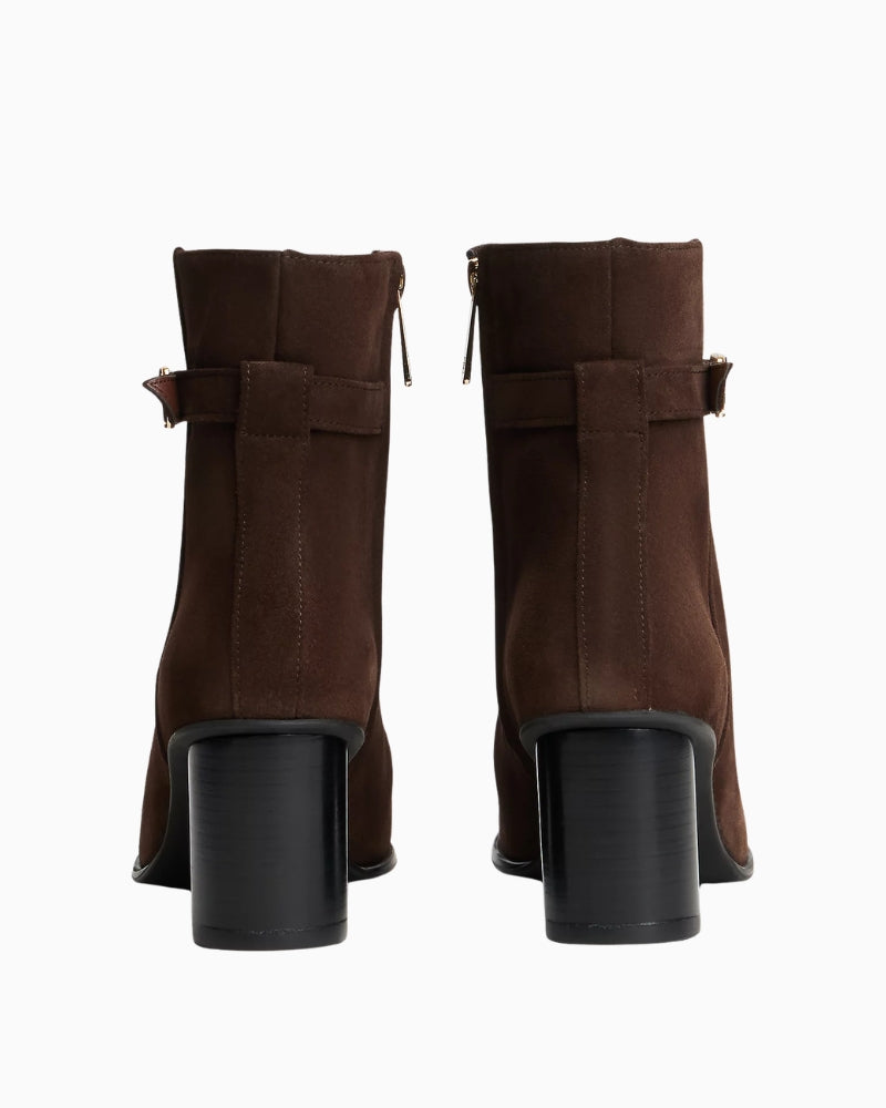 Tommy Hilfiger Suede Buckle Strap Block Heel Ankle Boots in Brown back view