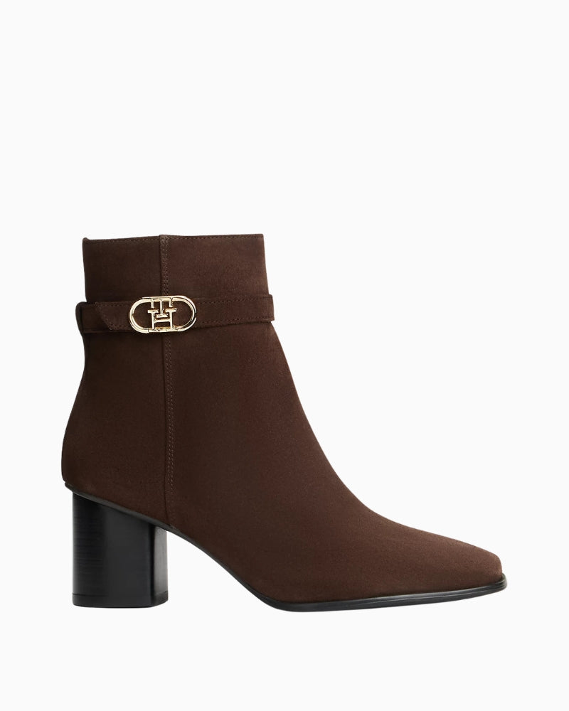 Tommy Hilfiger Suede Buckle Strap Block Heel Ankle Boots in Brown right side view