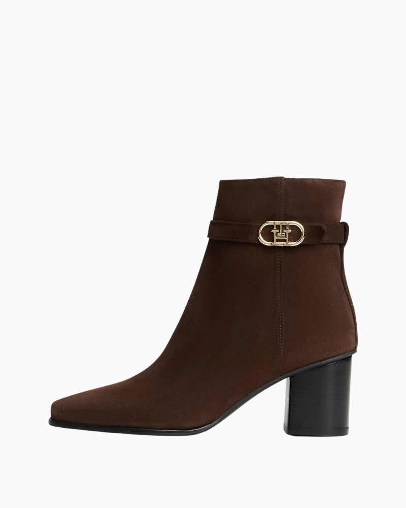 Tommy Hilfiger Suede Buckle Strap Block Heel Ankle Boots in Brown side view