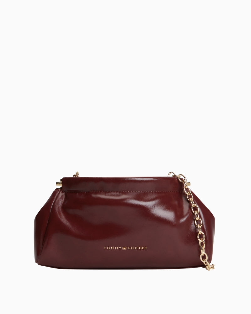Tommy Hilfiger TH Modern Chain Clutch Patent in Burgundy front view