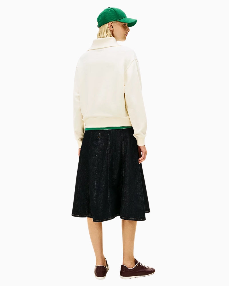 Woman wearing Tommy Hilfiger terry half-zip jumper in cream, back view – Áines Boutique