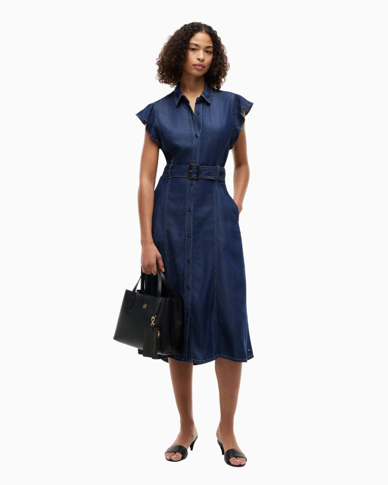 Tommy Hilfiger Volant F&F Midi Dress in Dark Denim front view
