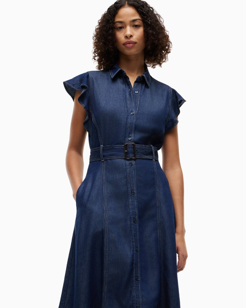 Tommy Hilfiger Volant F&F Midi Dress in Dark Denim neckline detail