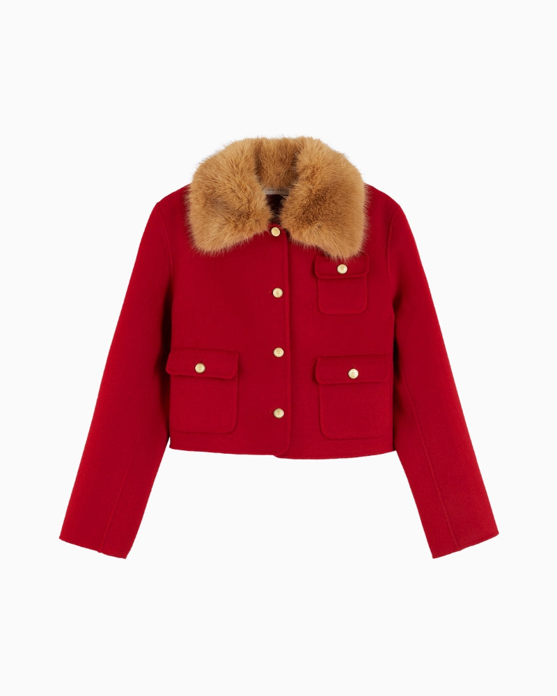 Tommy Hilfiger Wool Lady Jacket with Fur in Red wool fabric detail