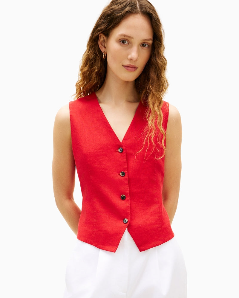 Tommy Hilfiger linen blend vest close-up front view on model – Áines Boutique