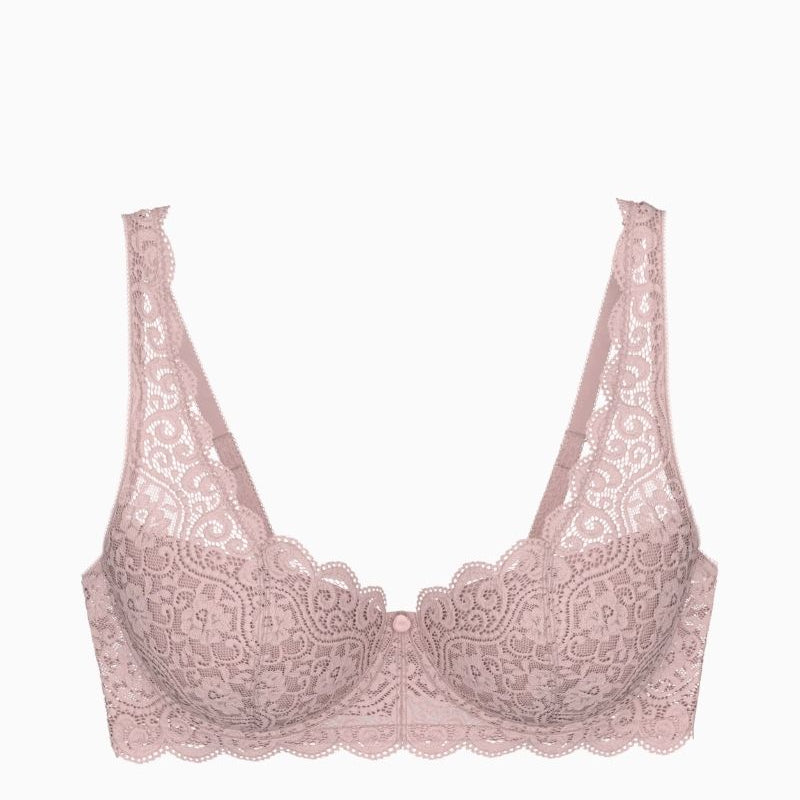 Front view of Triumph mauve rose lace bra showing rose detail on cradle