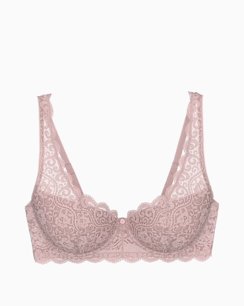 Front view of Triumph mauve rose lace bra showing rose detail on cradle