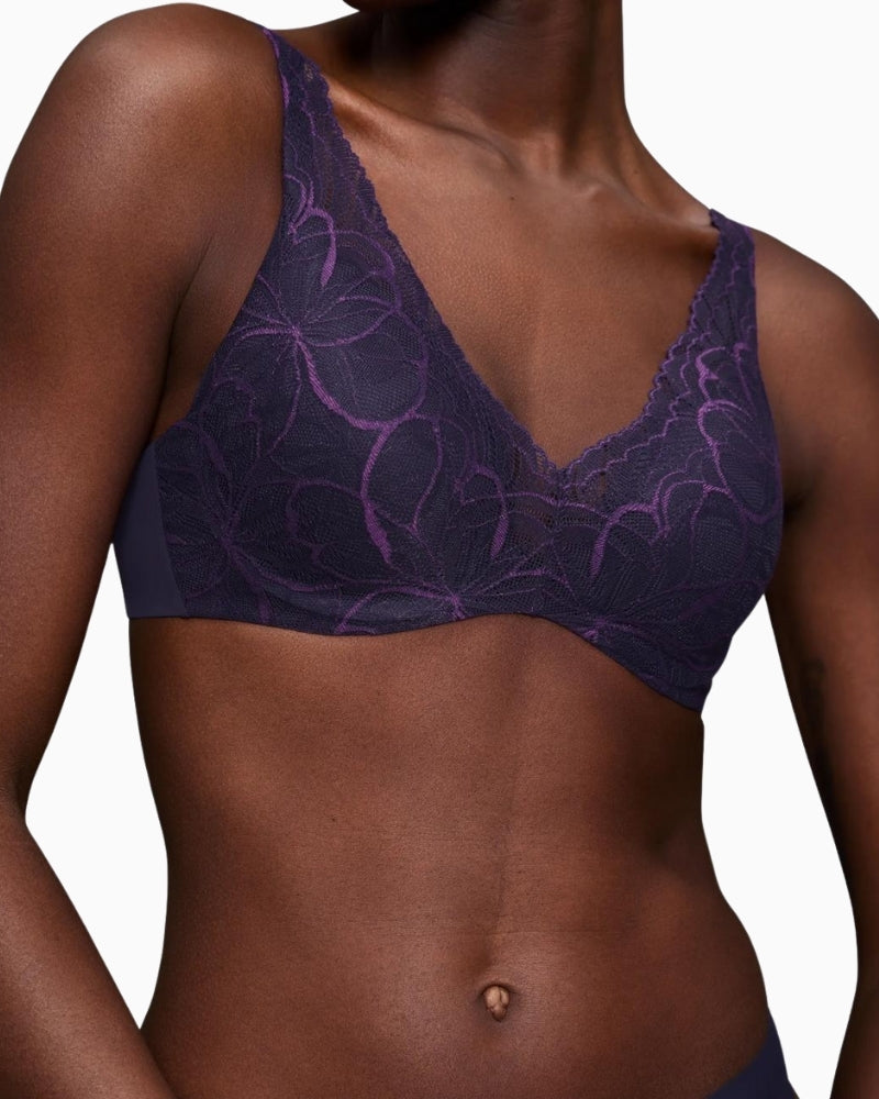 Detail of lace and soft-touch fabric on Triumph Illusion padded bra with subtle branding