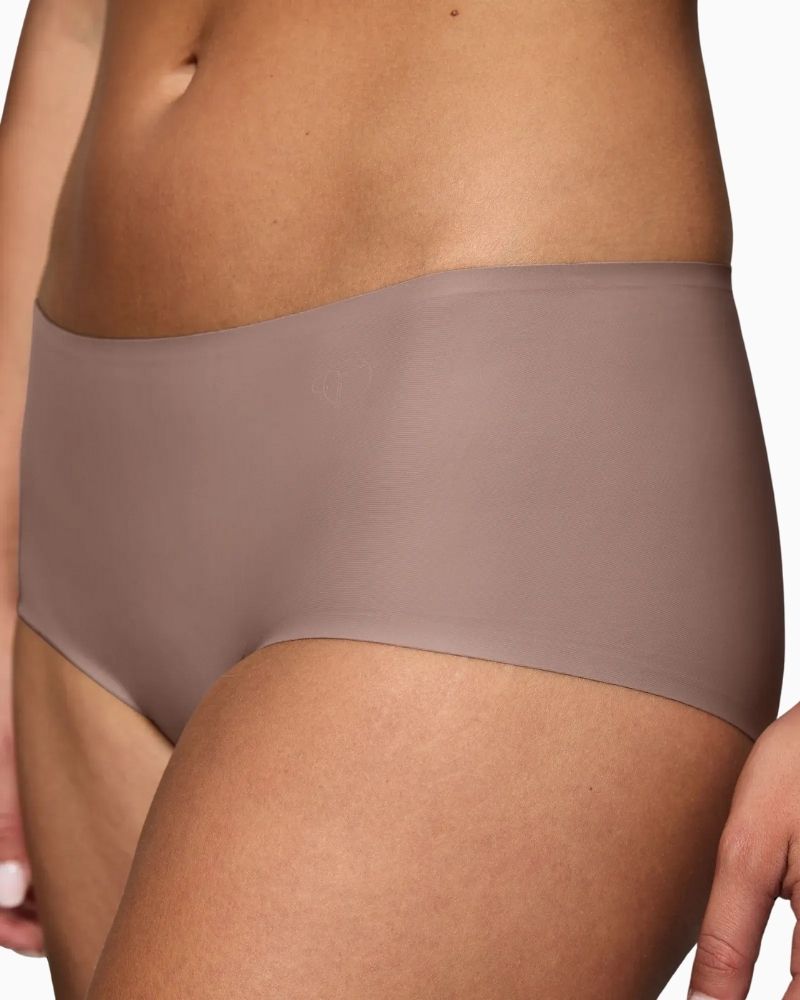 Close-up view of Triumph chocolate brown shorts with second-skin fit and no VPL