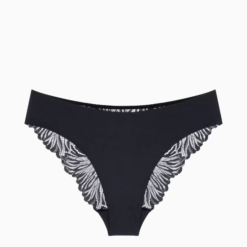 Front view of Triumph black lightweight string underwear with lace detail