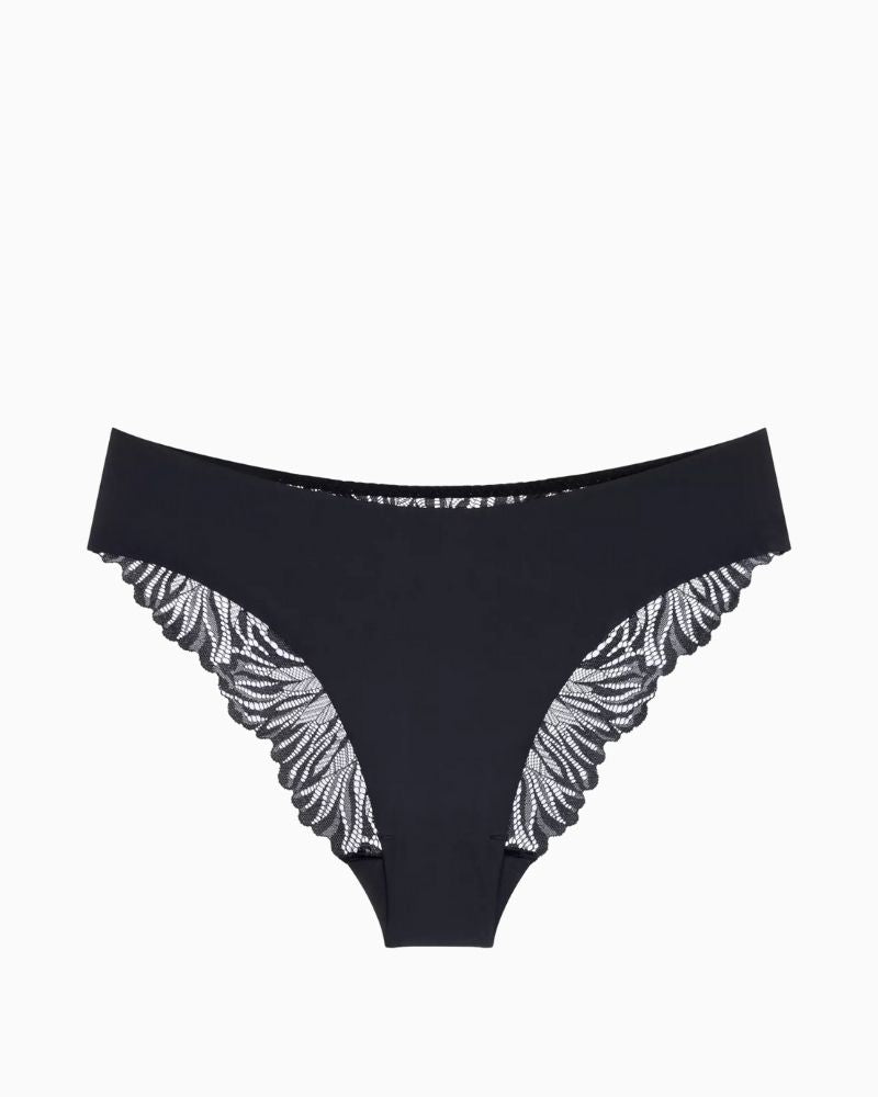 Front view of Triumph black lightweight string underwear with lace detail