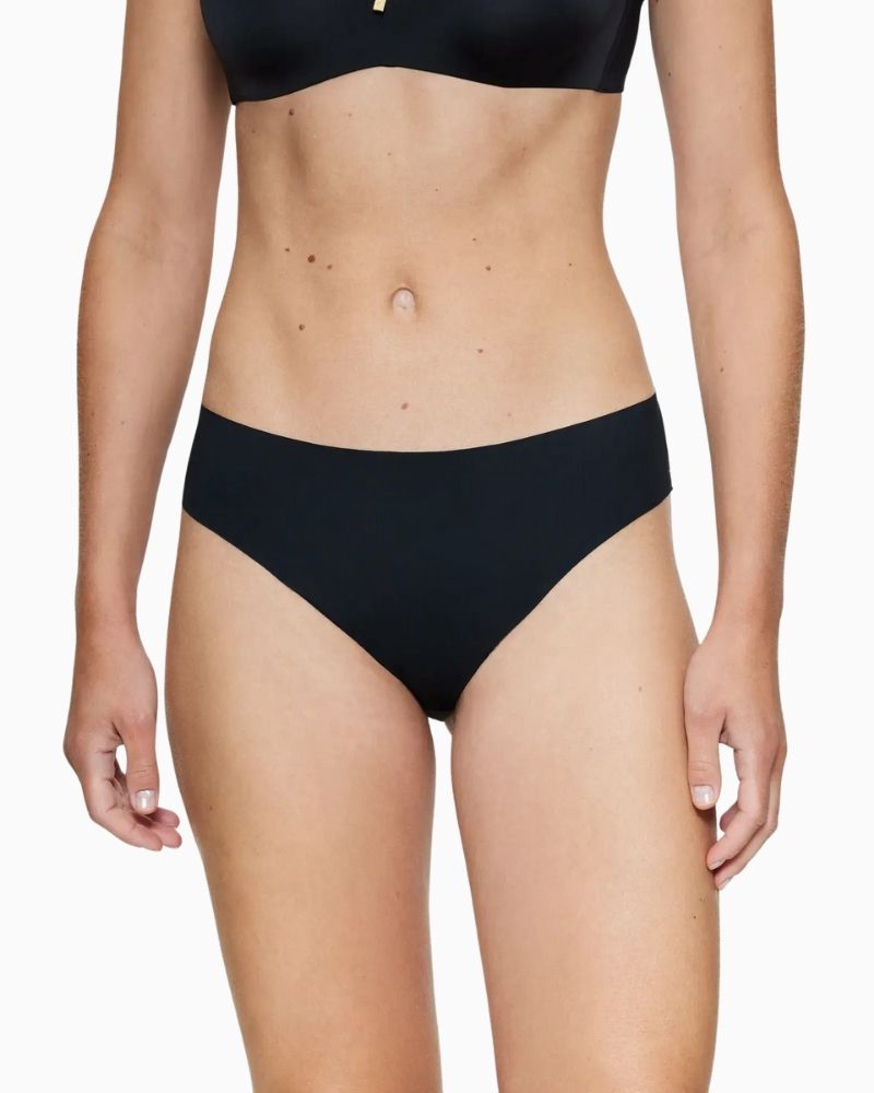 Front view of Triumph black lightweight string underwear with lace detail