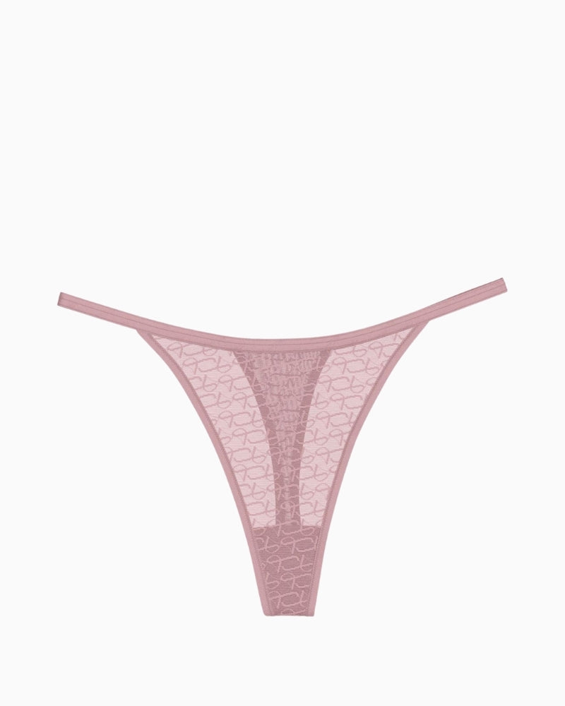 Flat lay of Triumph nude lace string brief with lightweight seamless design