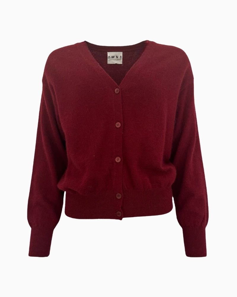 TWNS Aspen cardigan in burgundy wool blend with v-neck and buttons
