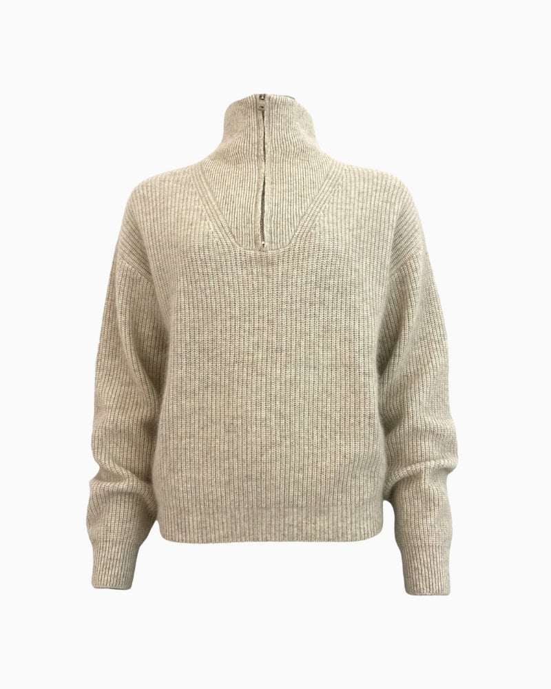 Front view of TWNS Breckenridge zip sweater with trucker neck