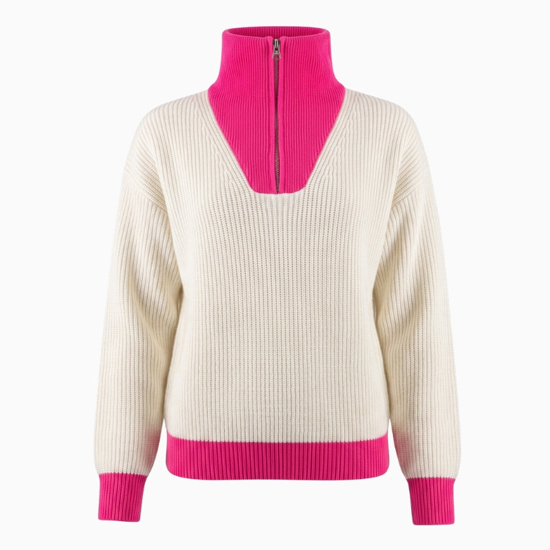 Twns The Label Breckenridge 1/4 Zip Jumper in White/Pink front view