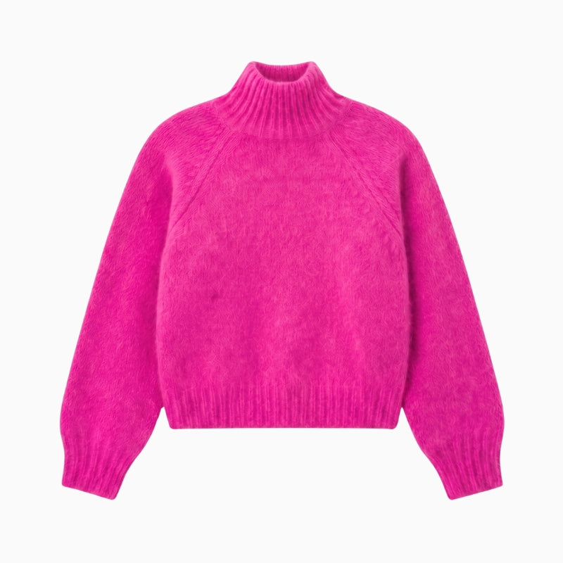 Twns The Label Hina Mock Neck Jumper in Neon Pink knit texture detail