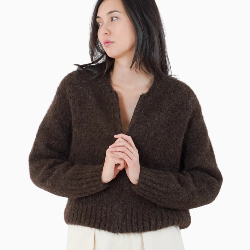 Twns The Label Maevane Zip Up Cardigan in Brown front view