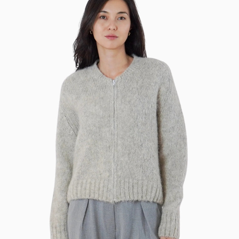 Twns The Label Maevane Zip Up Cardigan in Light Grey front view