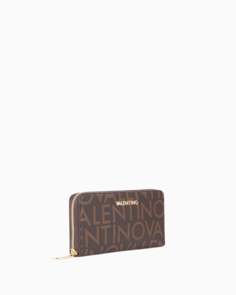 Side view of Valentino zip wallet showing slim profile and grain texture