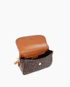 Close-up of textured logo print and shoulder strap with tone-on-tone jacquard logo