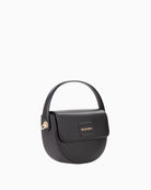 Side view of compact faux leather handbag in classic shape
