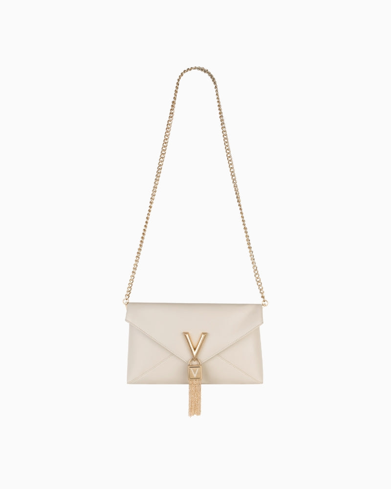 Valentino Stella Pochette in ecru with gold V-logo and chain shoulder strap – front view