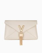 Envelope-style Valentino Stella bag in ecru faux leather with gold logo bar – clutch view