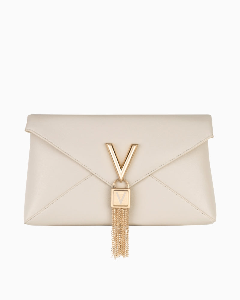 Envelope-style Valentino Stella bag in ecru faux leather with gold logo bar – clutch view