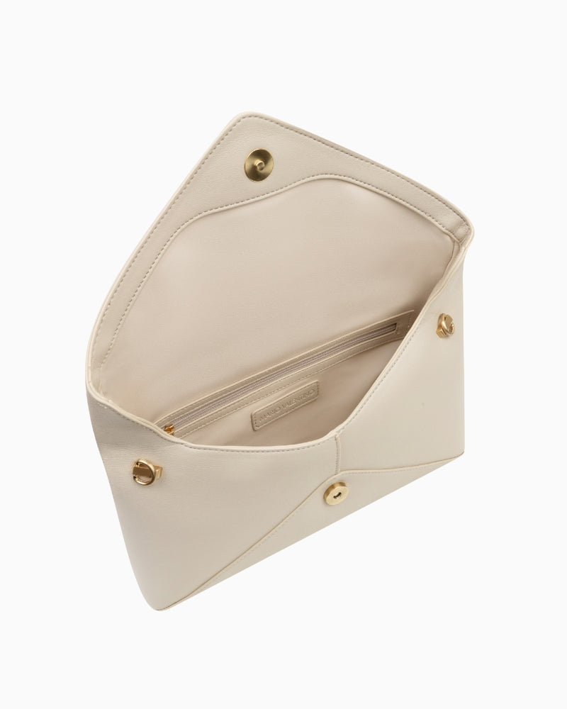 Inside view of ecru Valentino Stella clutch bag with magnetic closure and beige lining