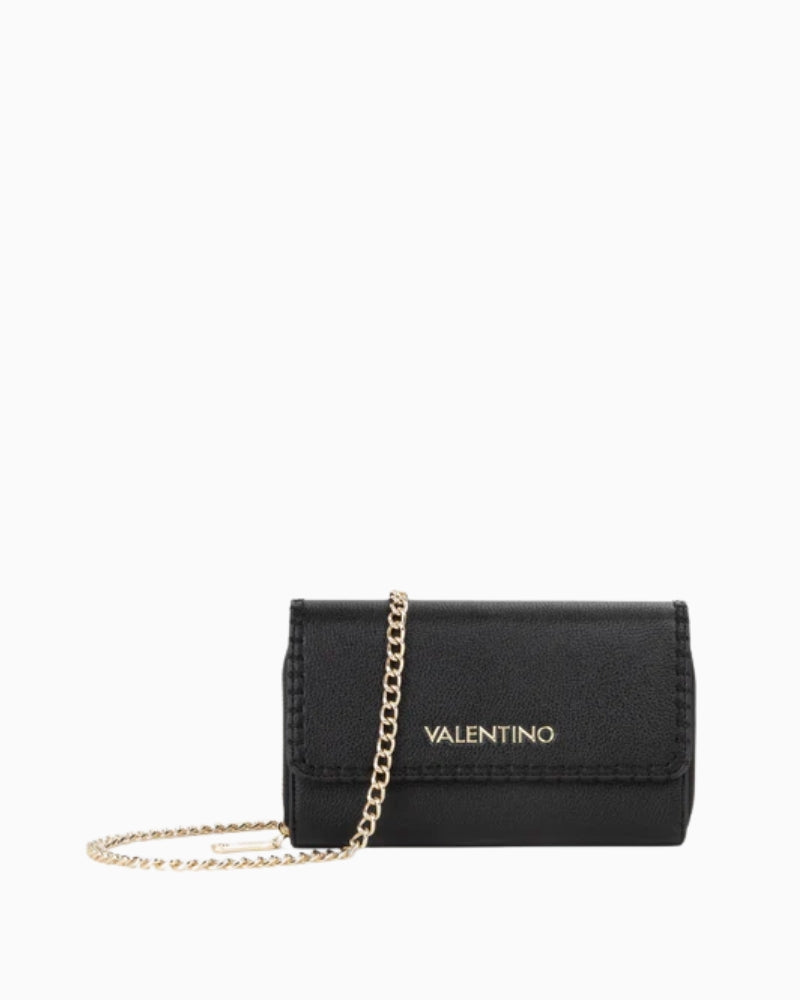Valentino Aleksandra black wallet front view with flap and gold logo