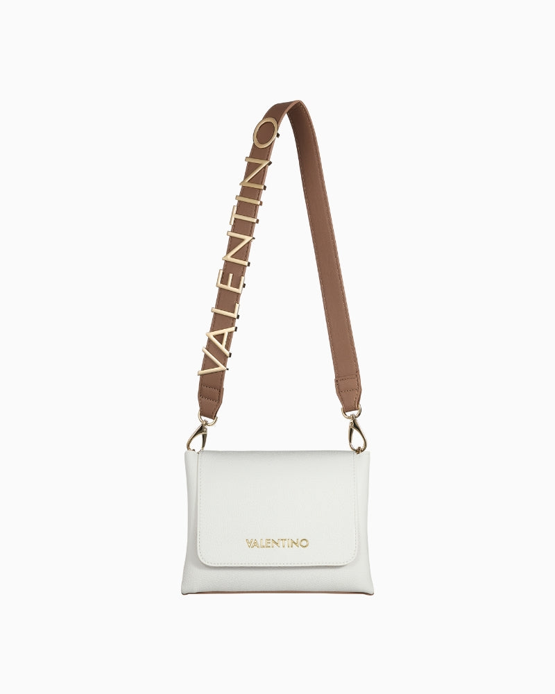 White Valentino crossbody bag with gold logo and wide brown strap featuring gold chain detail – front view
