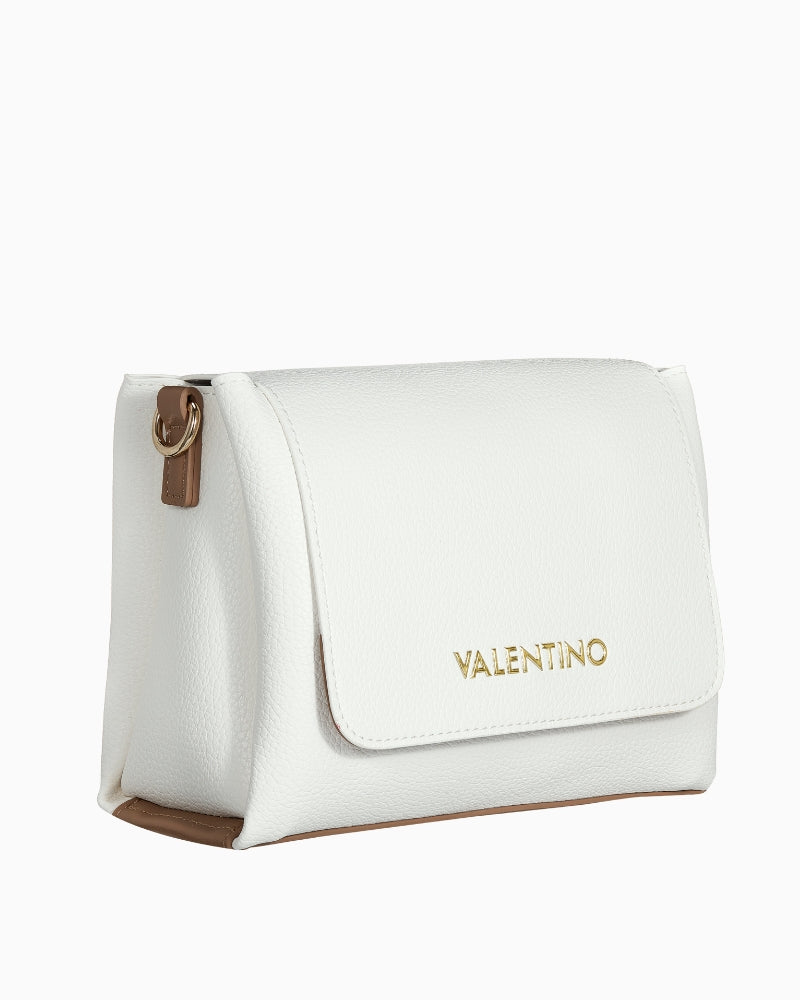 Side profile of Valentino Alexia white crossbody bag with structured shape and gold logo branding