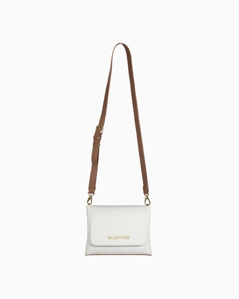 Valentino Alexia crossbody bag showcasing full-length brown strap with gold chain detail – vertical view