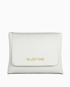 Valentino Alexia Bag in smooth white finish with embossed gold logo – flat front display