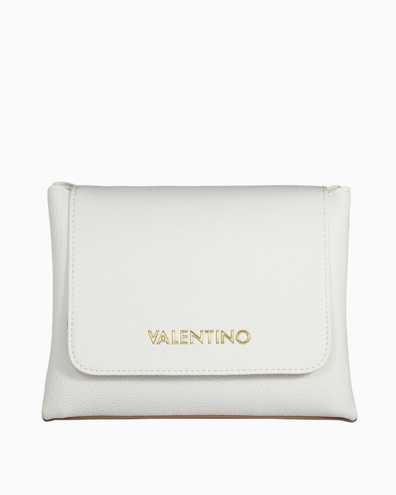 Valentino Alexia Bag in smooth white finish with embossed gold logo – flat front display
