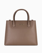 Structured taupe Valentino Faith shopping bag with top handles and gold logo on smooth faux leather