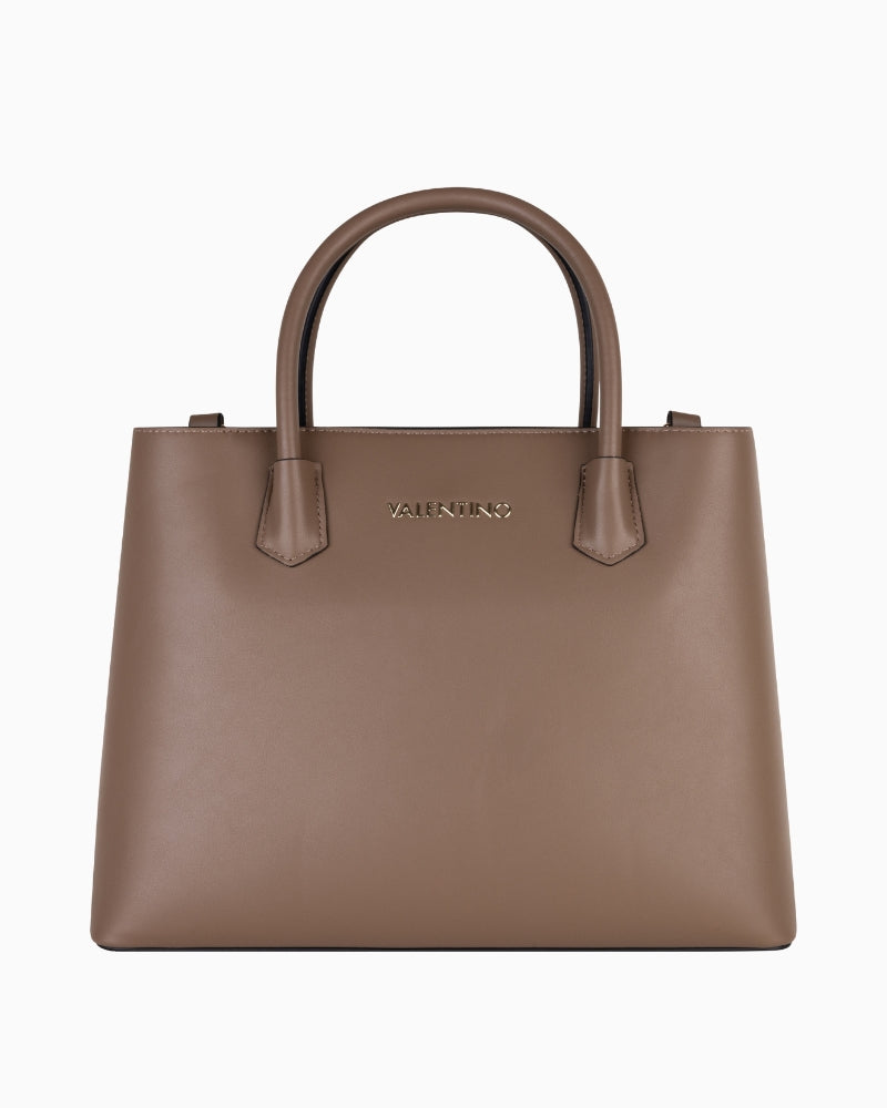 Structured taupe Valentino Faith shopping bag with top handles and gold logo on smooth faux leather