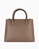 Valentino Faith RE tote bag in taupe faux leather with gold branding and twin handles – flat front view