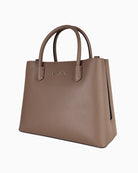 Side angle of Valentino taupe shopper bag showing structured silhouette and double top handles