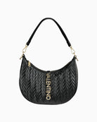 Valentino Fania Re Hobo Bag in black with soft quilted texture, gold hardware, and bold logo detailing