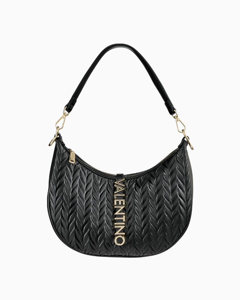 Valentino Fania Re Hobo Bag in black with soft quilted texture, gold hardware, and bold logo detailing