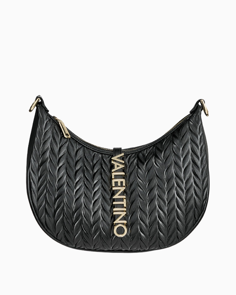 Front angle of Valentino hobo bag showing relaxed shape and modern, minimal design