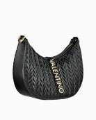 Full side view of Valentino Fania hobo in black with luxe faux leather and signature gold logo
