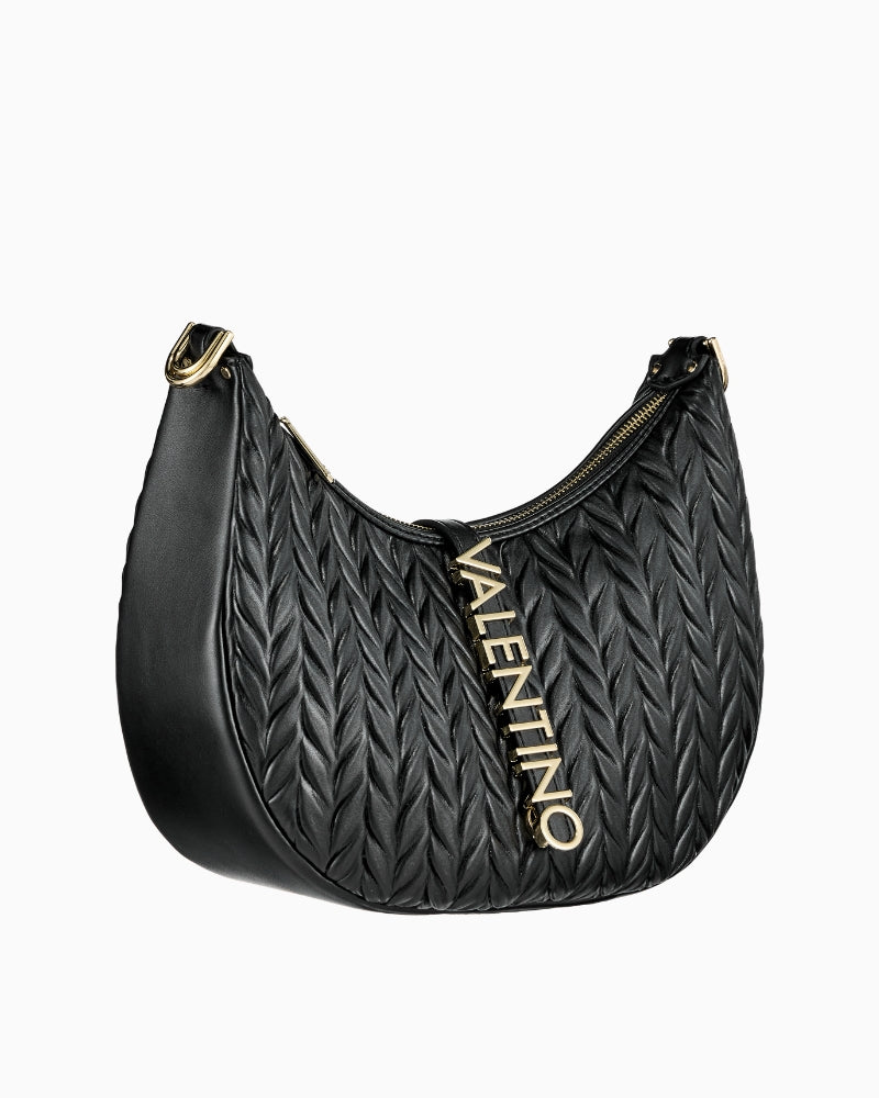 Full side view of Valentino Fania hobo in black with luxe faux leather and signature gold logo