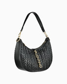 Side view of black Valentino hobo bag showing curved silhouette and short shoulder strap