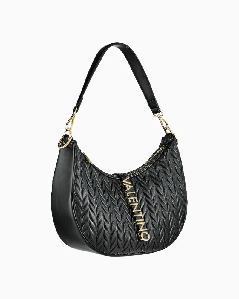 Side view of black Valentino hobo bag showing curved silhouette and short shoulder strap