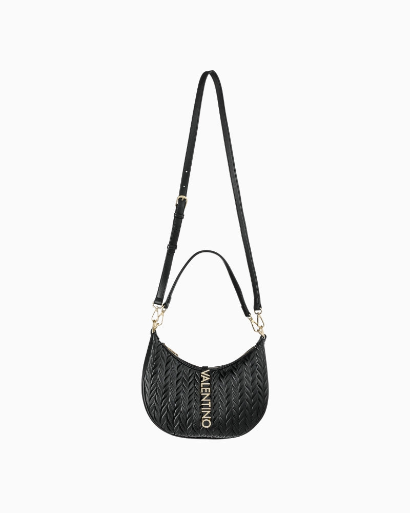 Full front view of Valentino Fania hobo in black with luxe faux leather and signature gold logo