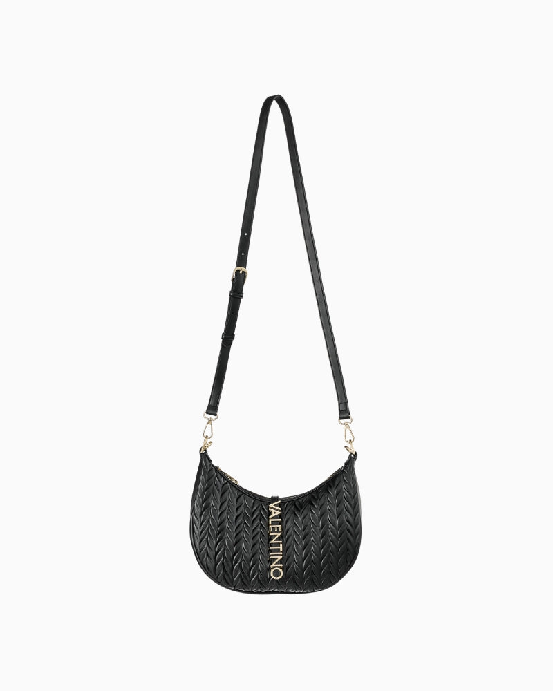 Top handle detail on Valentino black hobo showing gold-tone rings and soft drop design